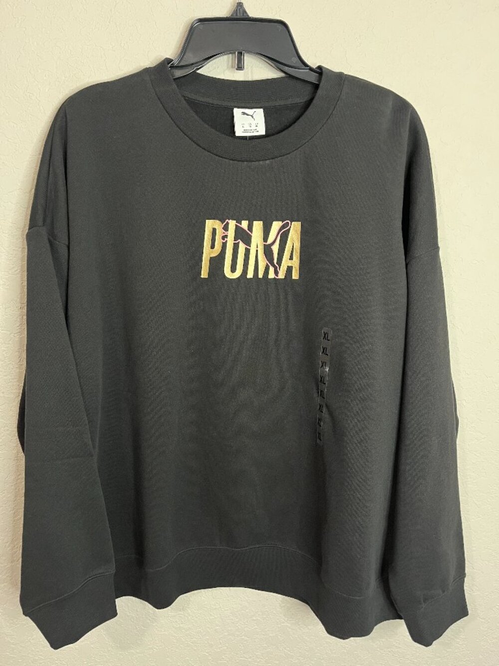 Puma Essentials Shine Crewneck Sweatshirt Black Gold Logo M NWT
